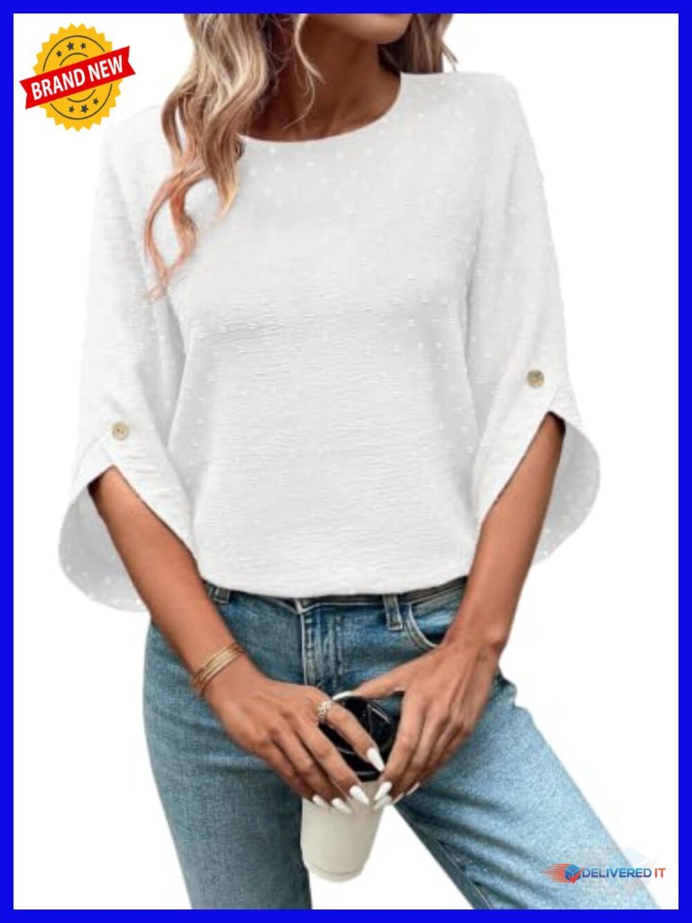 Womens 3/4 Sleeve Blouse Swiss Dot Texture Crew Neck Casual Tunic Top